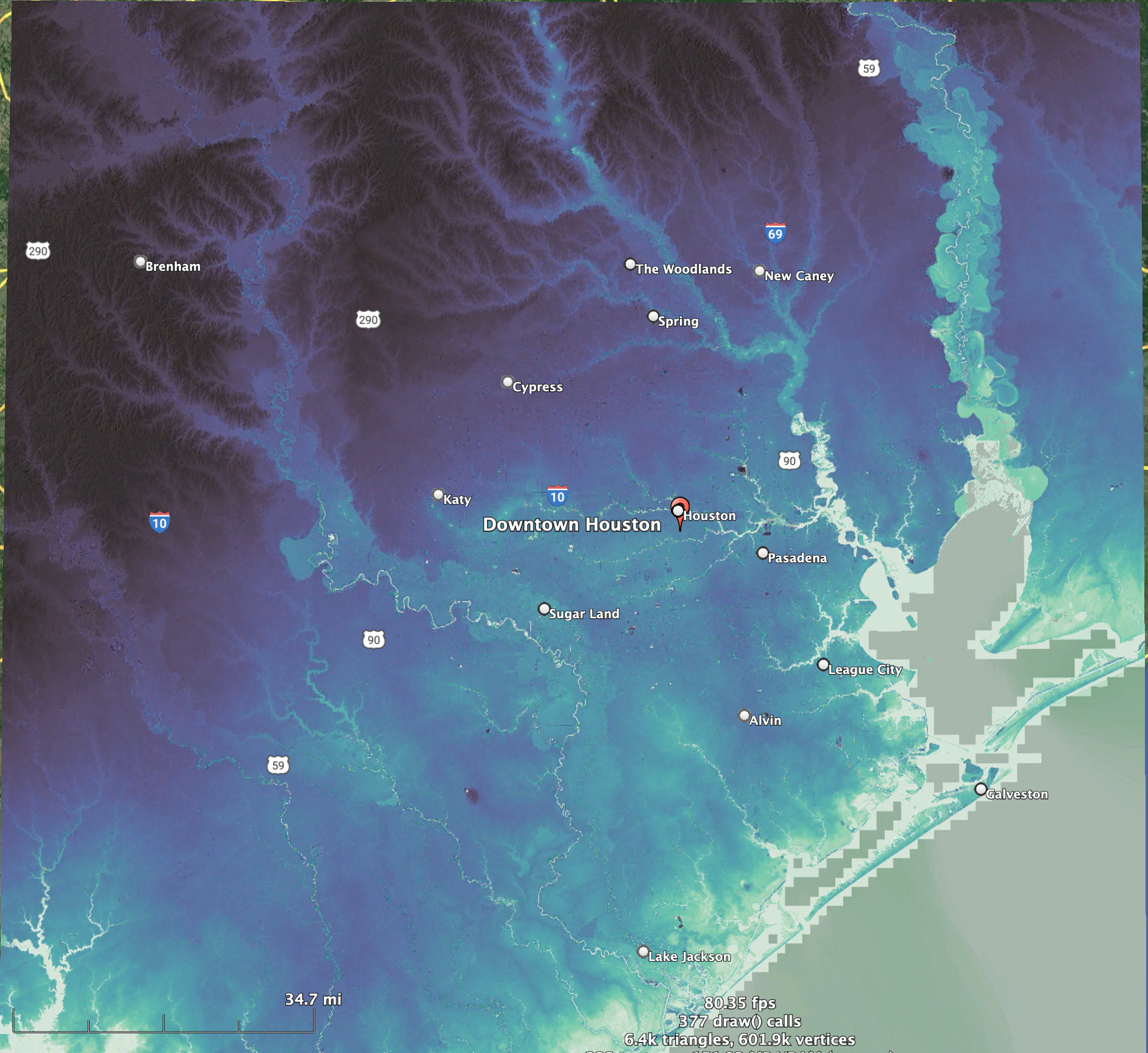 Relative elevation map of Houston region