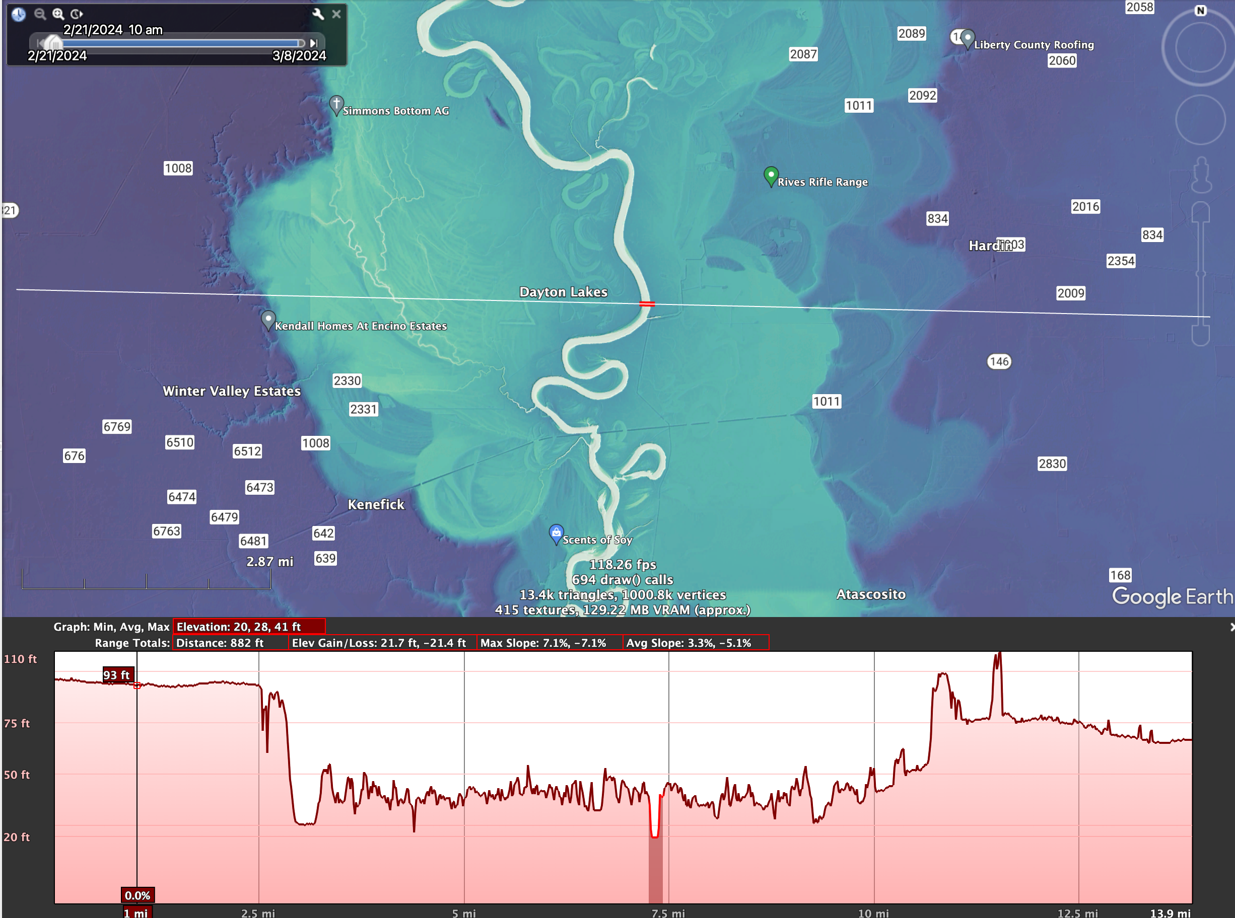 Relative Elevation Model image of Trinity with elevation profile