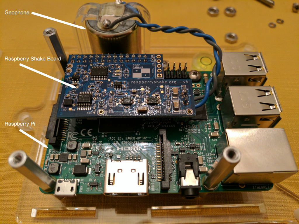 "Photo of Geophone and shake board. The box is still being assembled."