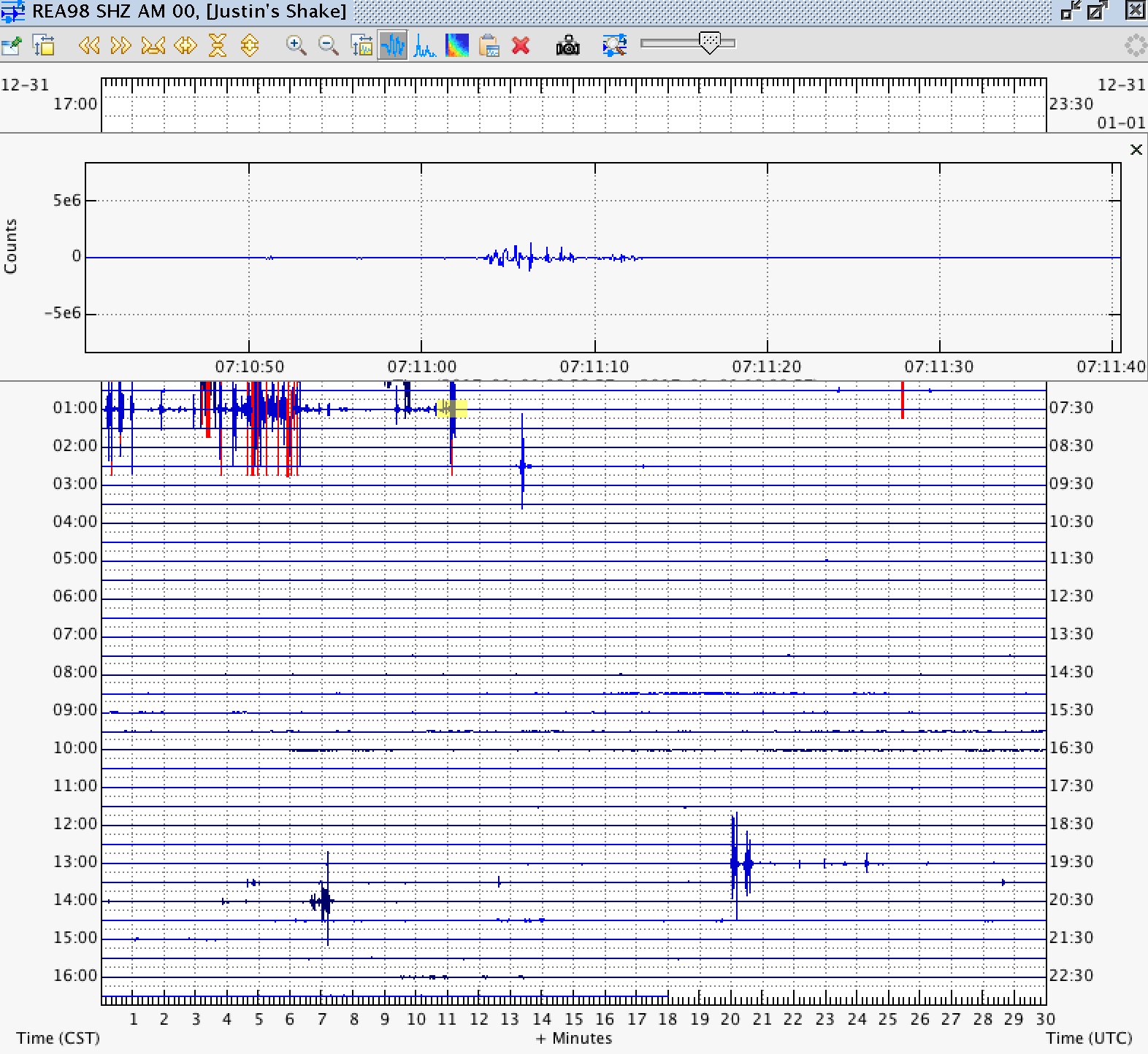 "Helicorder view of raspberry shake data via Swarm software."